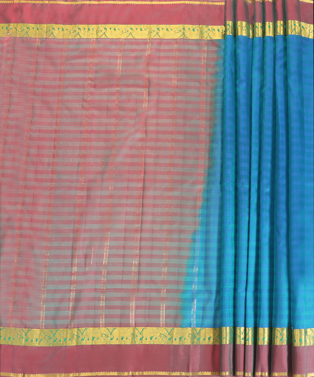Pecock Blue Handloom Pure Silk Kanjivaram Saree With Wine And Gold Zari Border And Elephant Motifs