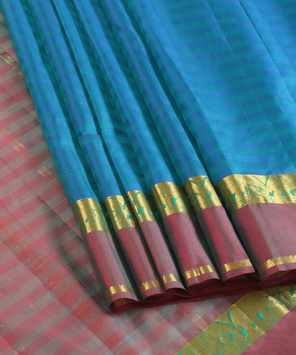Pecock Blue Handloom Pure Silk Kanjivaram Saree With Wine And Gold Zari Border And Elephant Motifs