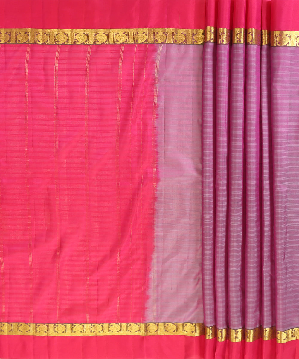 Mauve Handloom Pure Silk Kanjivaram Saree With Pink Border with Paisleys
