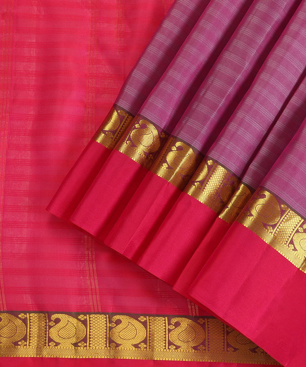 Mauve Handloom Pure Silk Kanjivaram Saree With Pink Border with Paisleys
