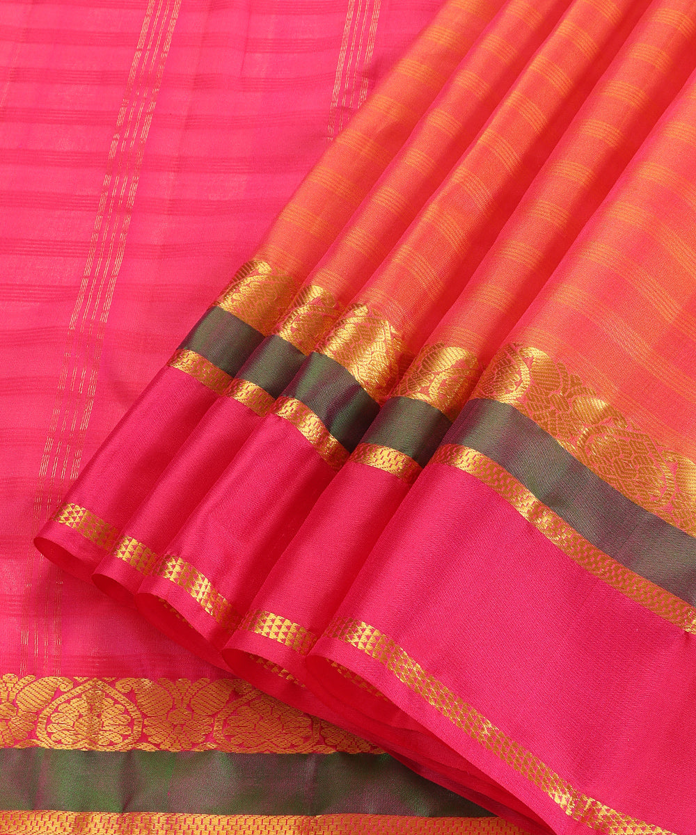 Peach and Pink Dual Tone Handloom Pure Silk Kanjivaram Saree With Gold Zari Border