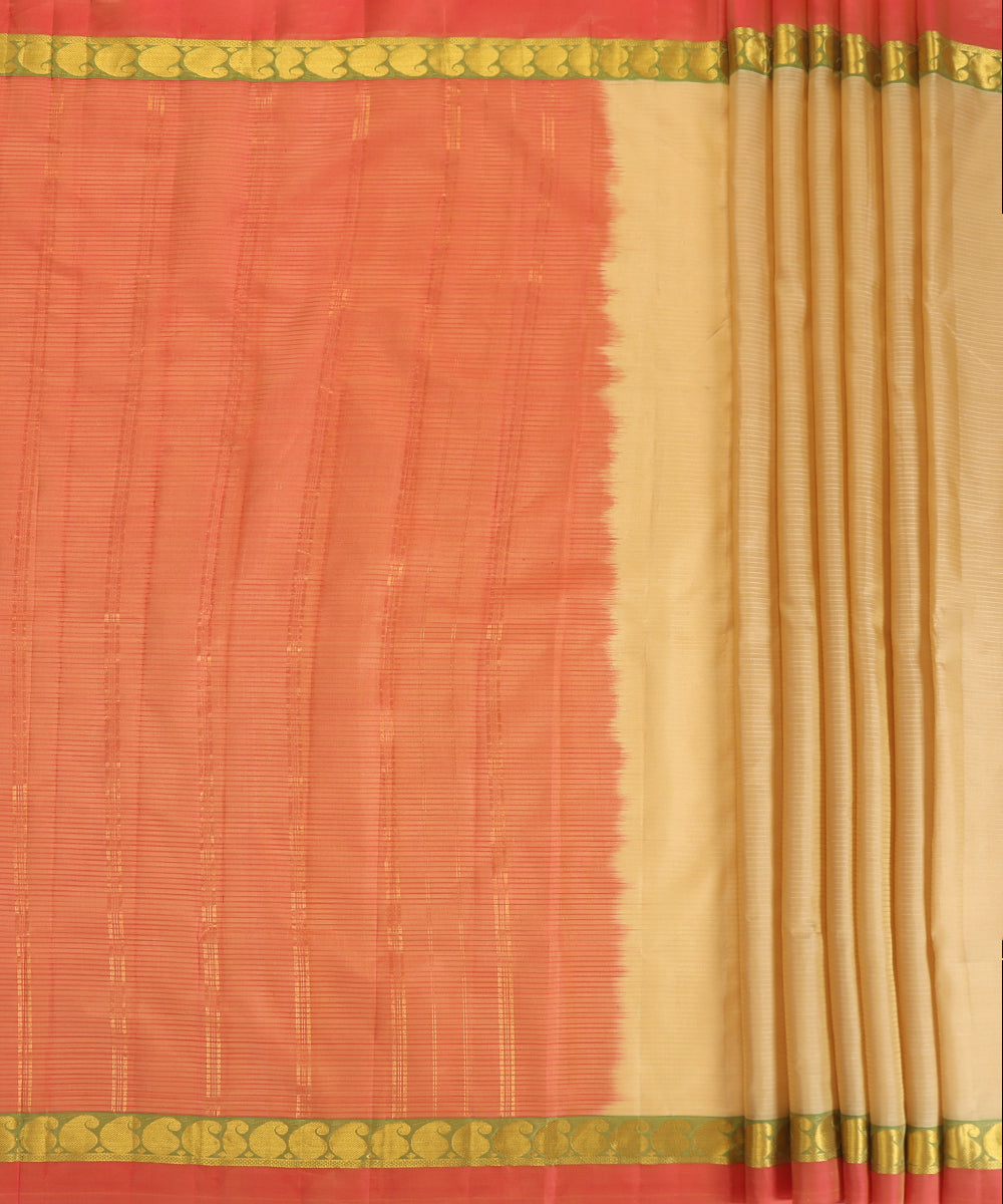 Beige Handloom Pure Silk Kanjivaram Saree With Pista And Gold Zari Border And Ambi Motifs