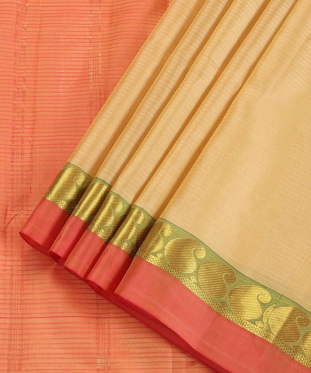 Beige Handloom Pure Silk Kanjivaram Saree With Pista And Gold Zari Border And Ambi Motifs