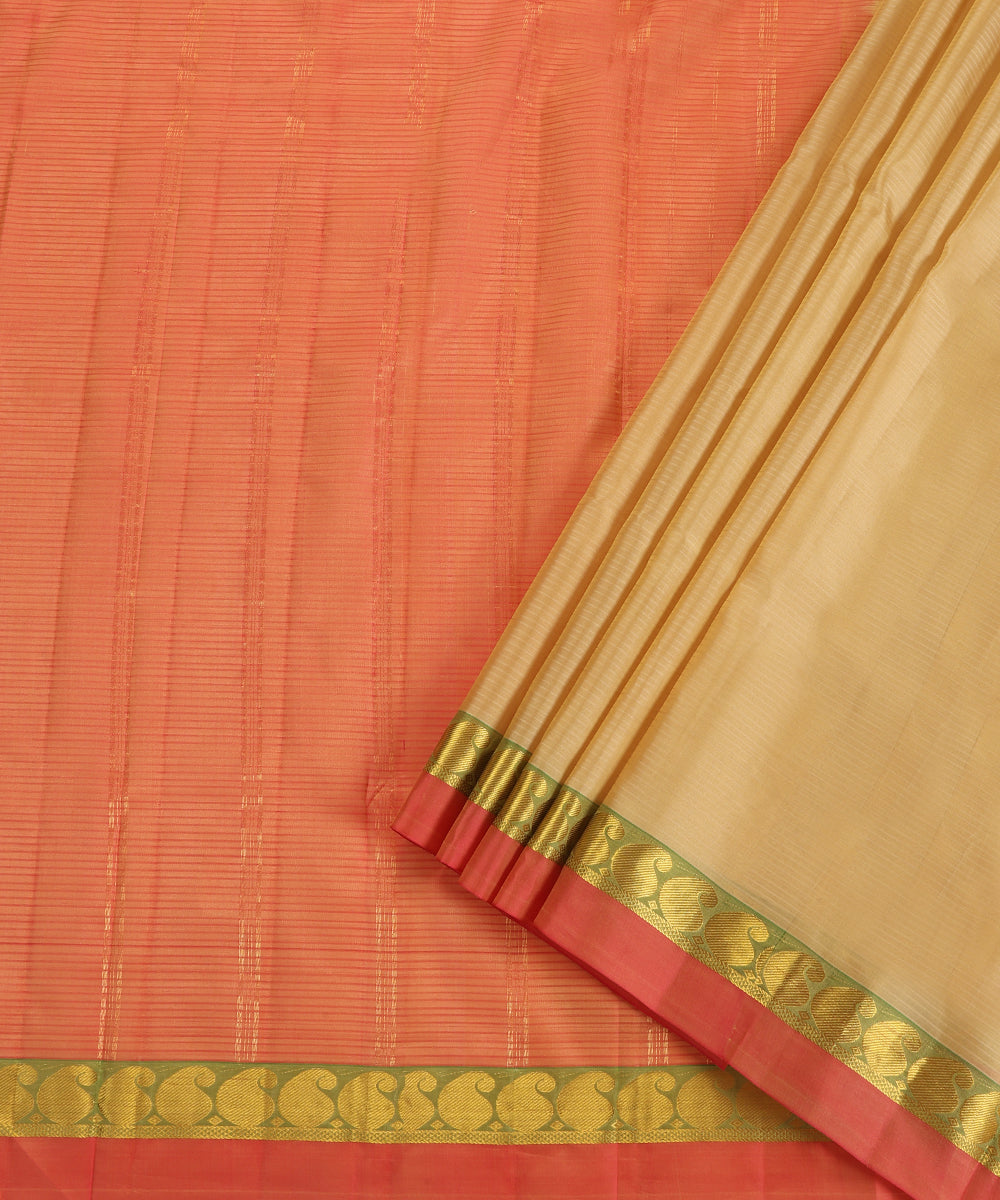 Beige Handloom Pure Silk Kanjivaram Saree With Pista And Gold Zari Border And Ambi Motifs
