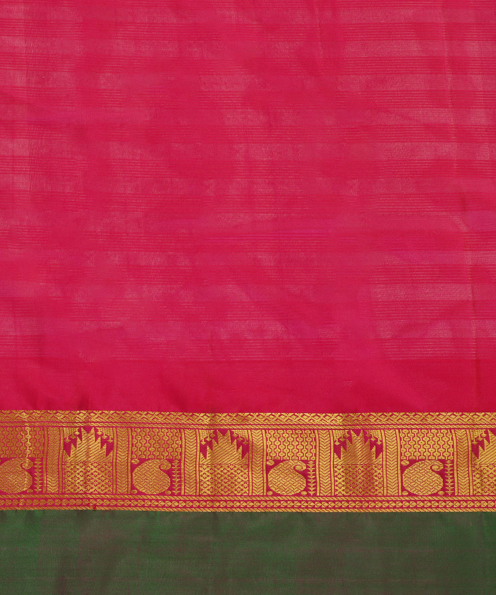 Mauve Handloom Pure Silk Kanjivaram Saree With Pink Zari And Green Border