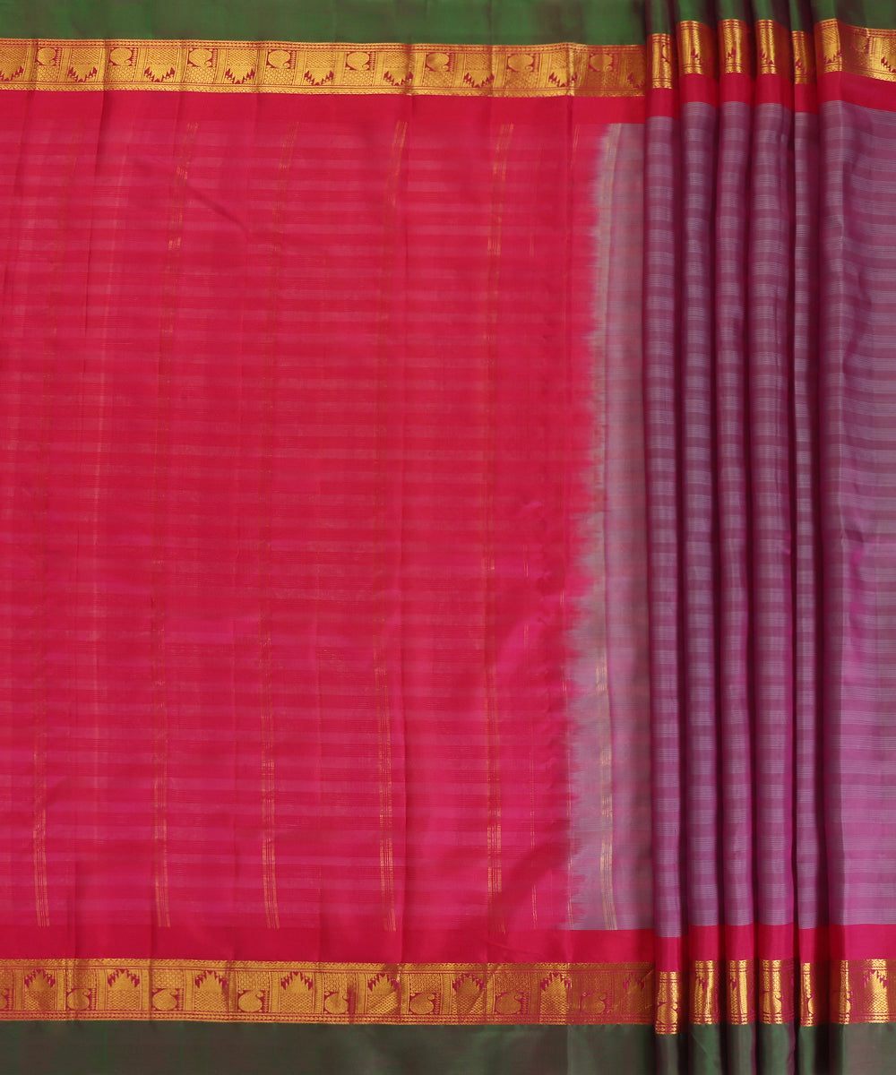 Mauve Handloom Pure Silk Kanjivaram Saree With Pink Zari And Green Border
