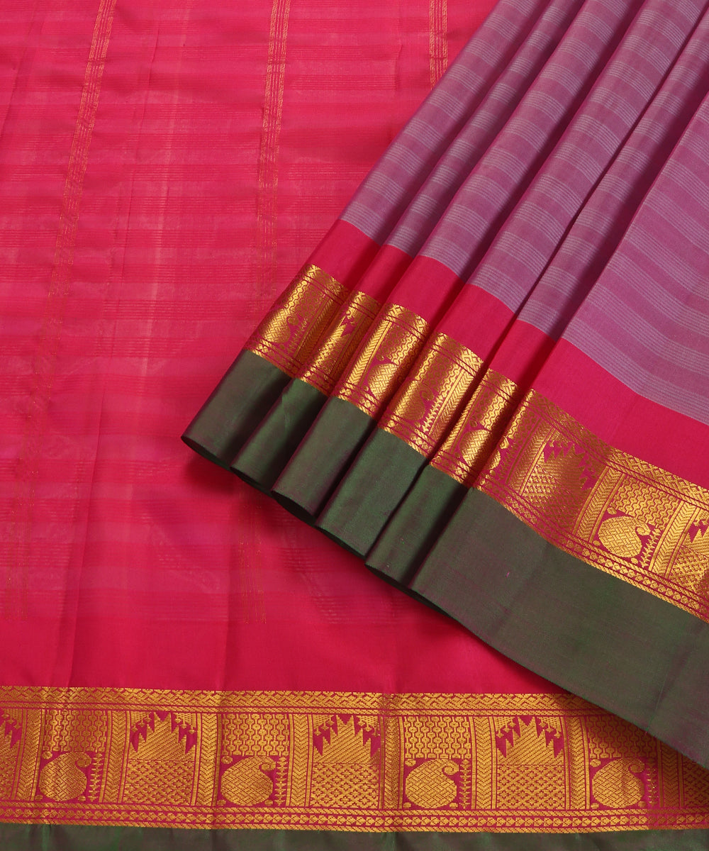Mauve Handloom Pure Silk Kanjivaram Saree With Pink Zari And Green Border