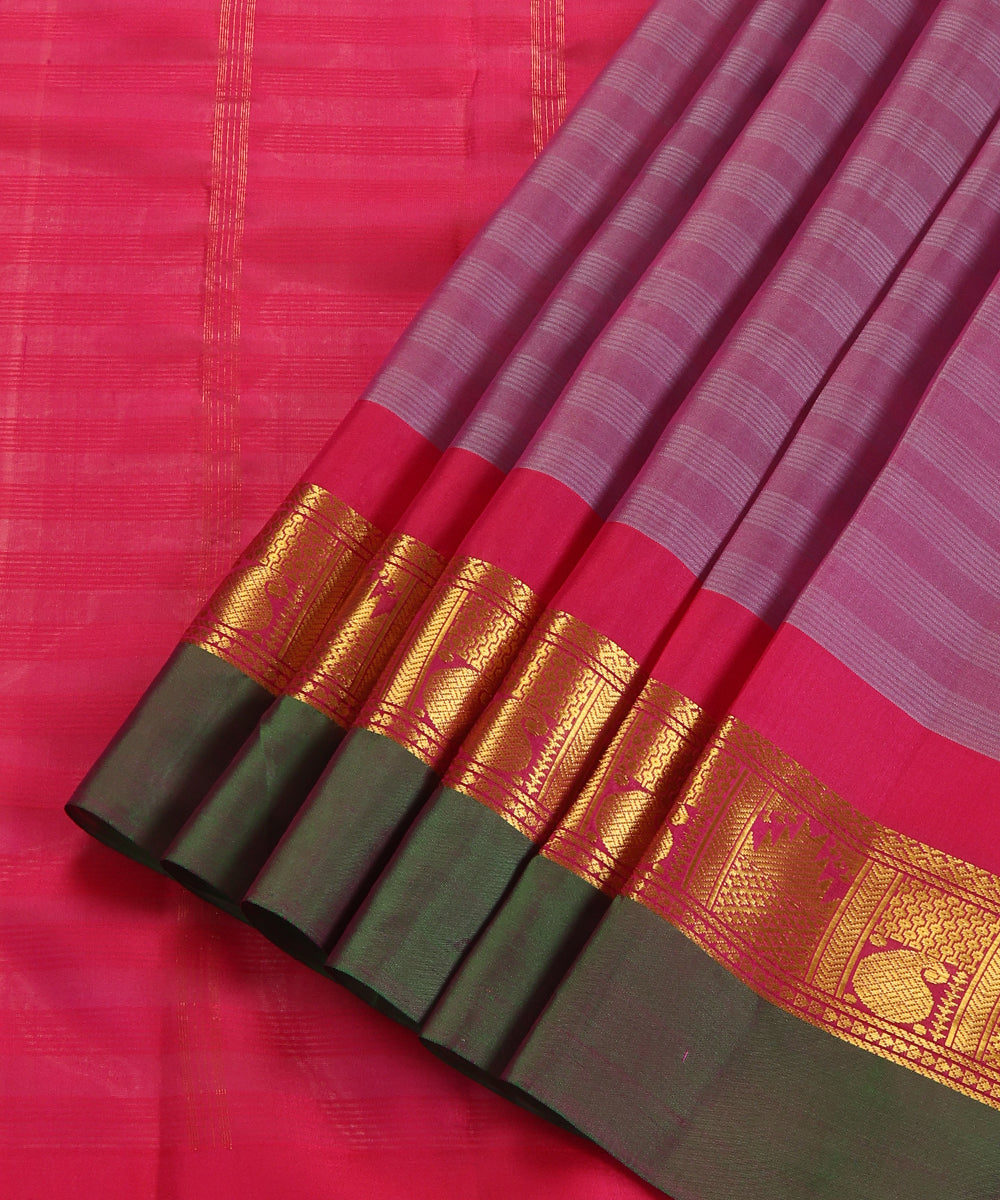 Mauve Handloom Pure Silk Kanjivaram Saree With Pink Zari And Green Border
