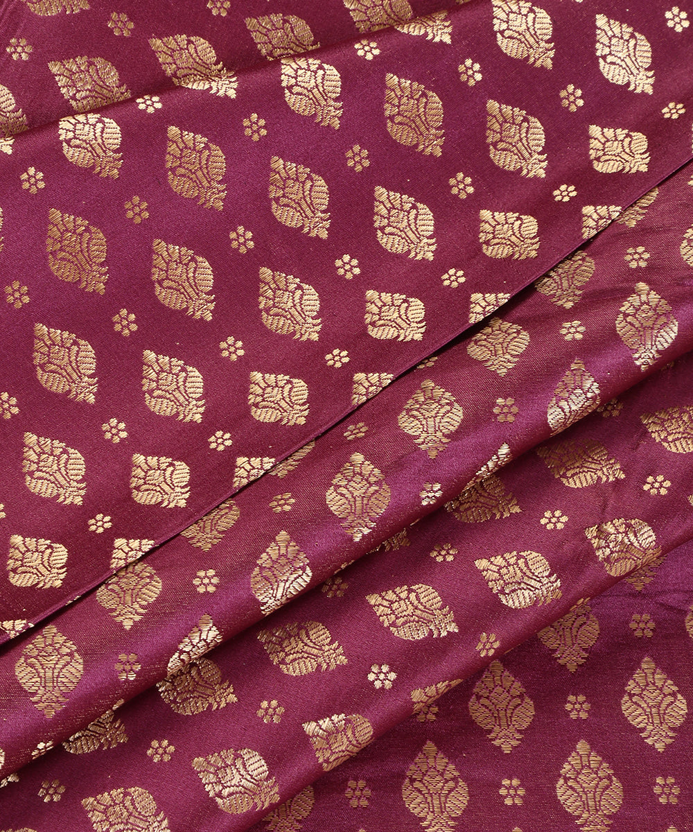 Maroon Handloom Pure Satin Brocade With Small Mughal Motifs Woven In Zari