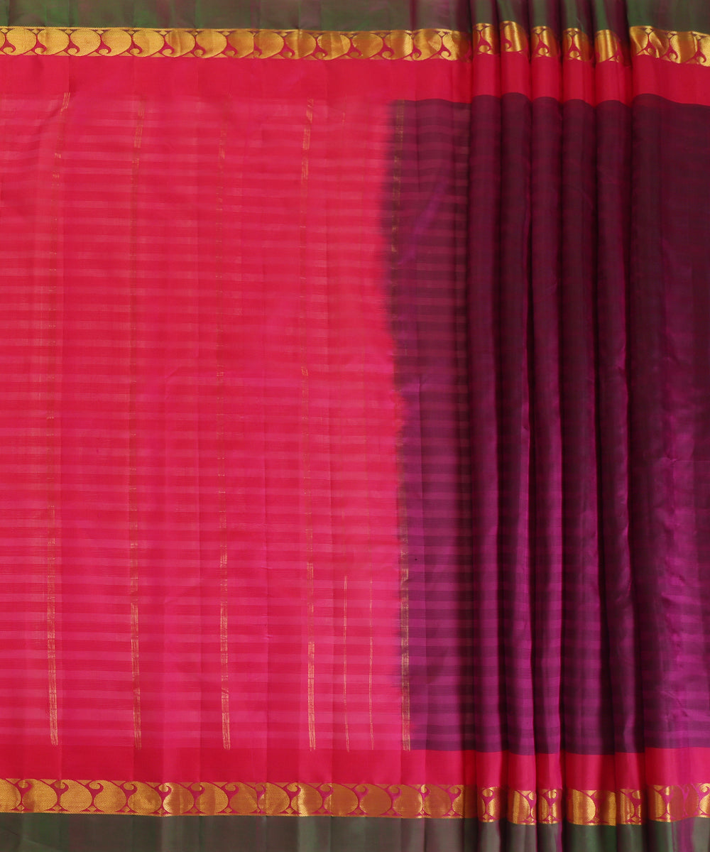 Wine Handloom Pure Silk Kanjivaram Saree With Magenta And Gold Ambi Zari Border