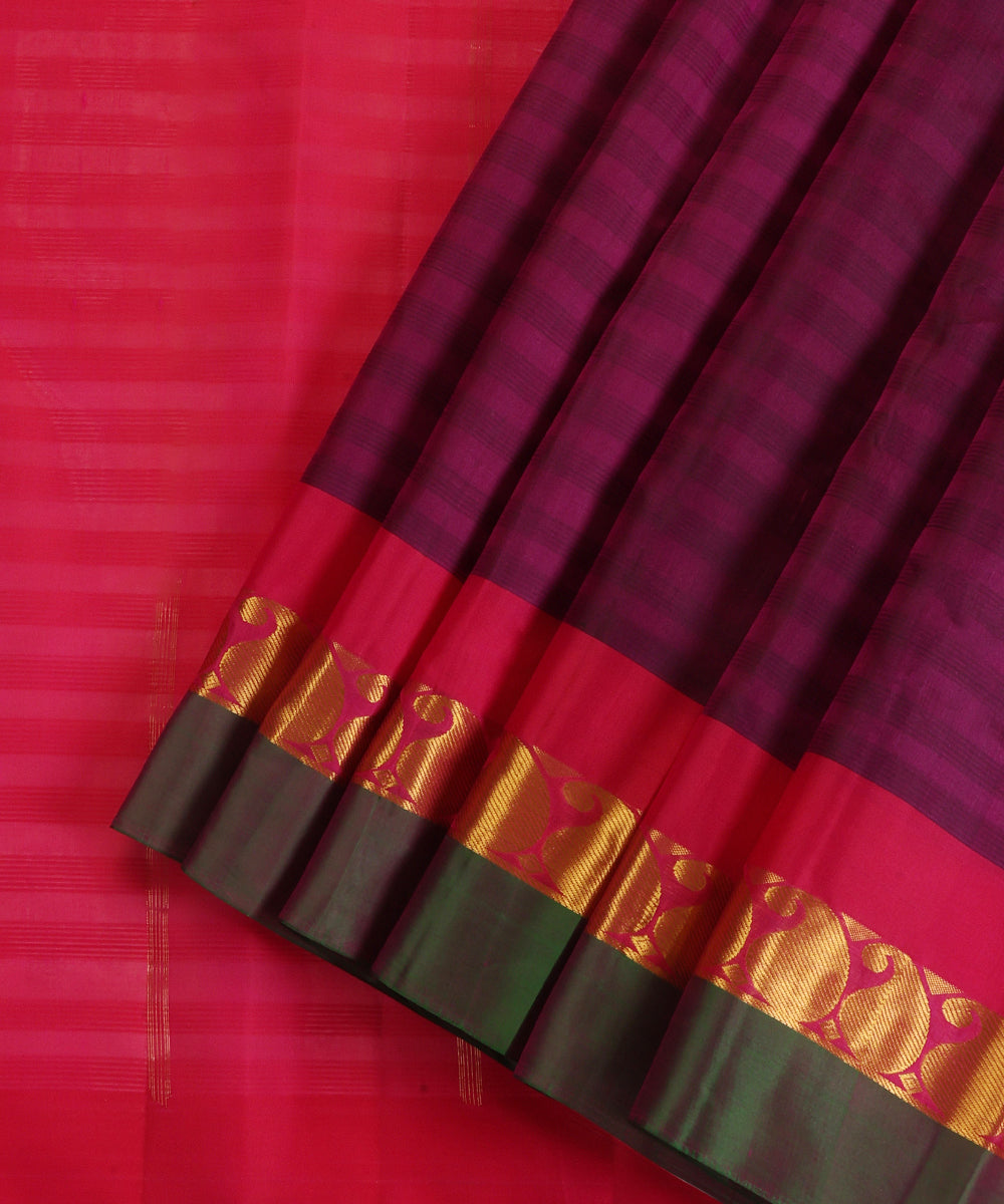 Wine Handloom Pure Silk Kanjivaram Saree With Magenta And Gold Ambi Zari Border