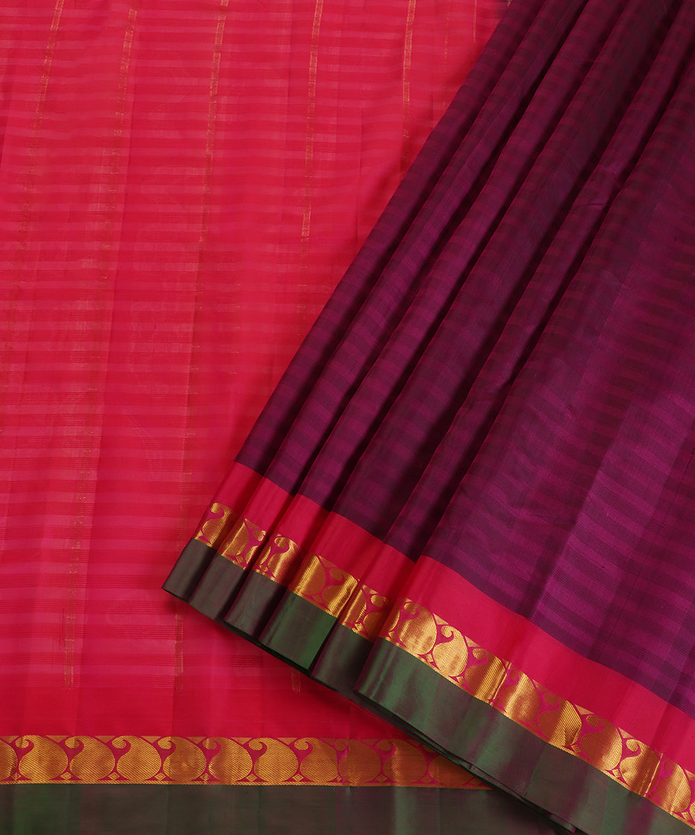 Wine Handloom Pure Silk Kanjivaram Saree With Magenta And Gold Ambi Zari Border