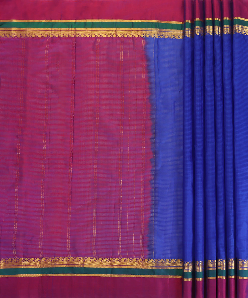 Electric Blue Handloom Pure Silk Kanjivaram Saree With Magenta And Gold Zari Border