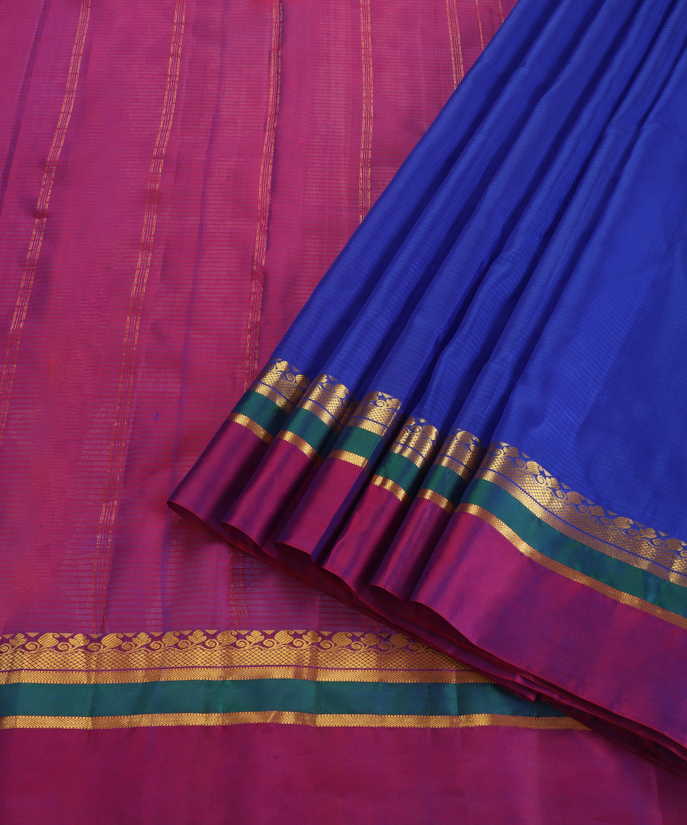 Electric Blue Handloom Pure Silk Kanjivaram Saree With Magenta And Gold Zari Border