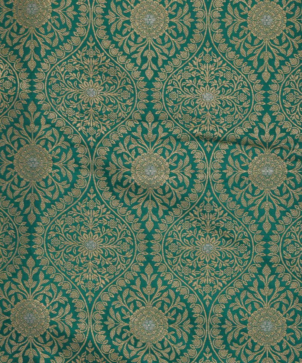 Teal Handloom Pure Katan Silk Banarasi Kimkhab Fabric With Floral Jaal