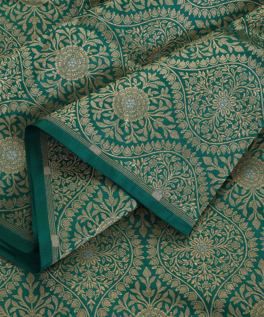 Teal Handloom Pure Katan Silk Banarasi Kimkhab Fabric With Floral Jaal