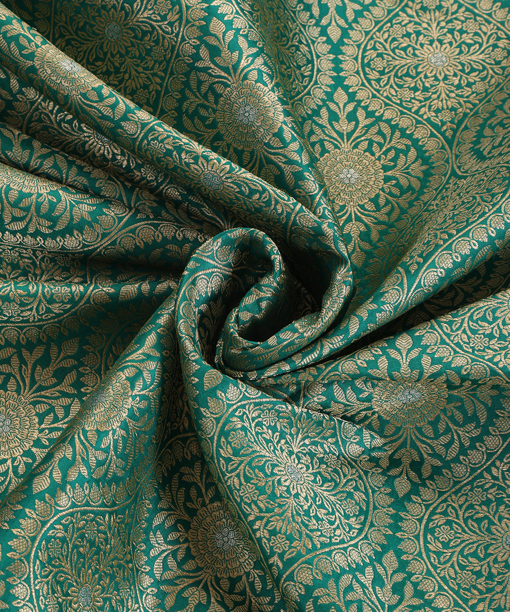 Teal Handloom Pure Katan Silk Banarasi Kimkhab Fabric With Floral Jaal
