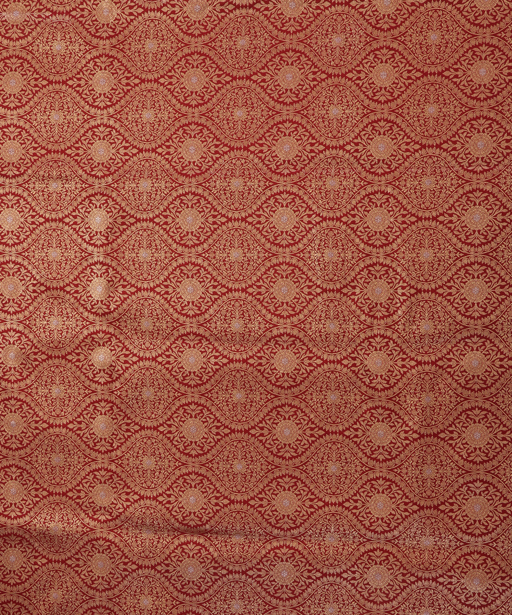 Maroon Handloom Pure Katan Silk Banarasi Kimkhab Fabric With Floral Jaal