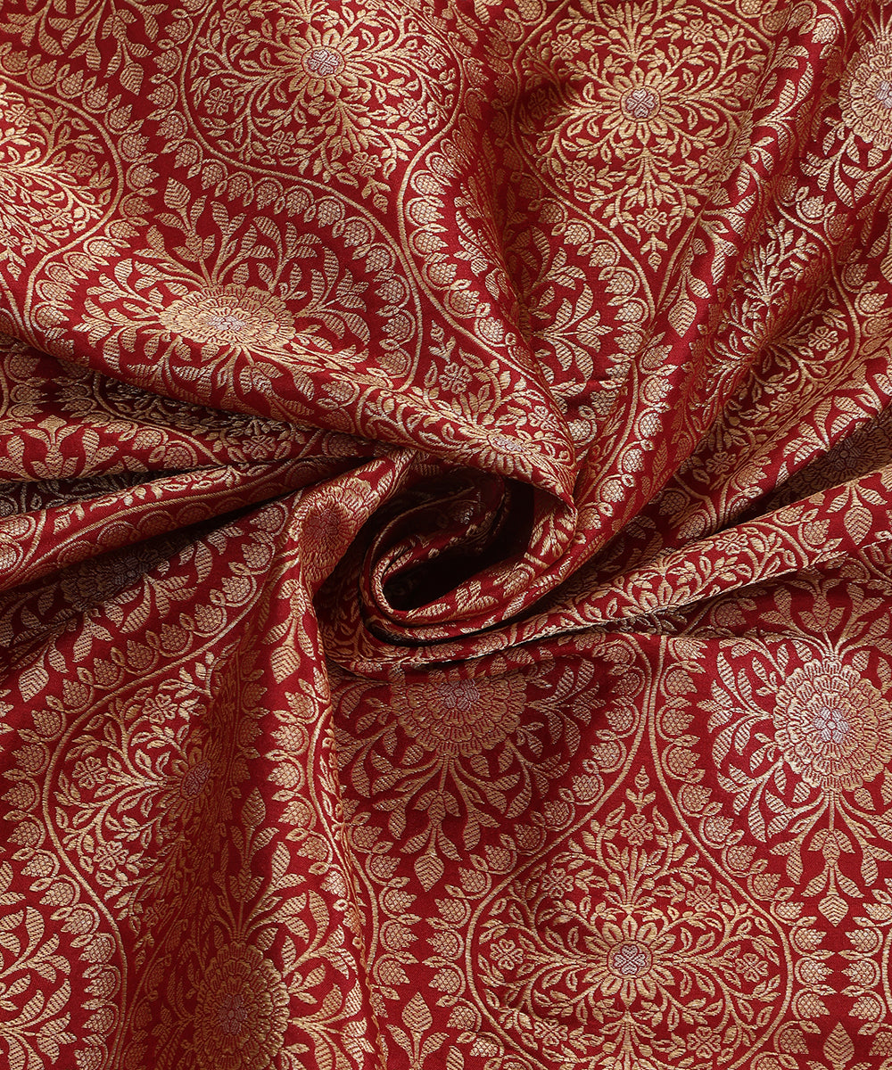 Maroon Handloom Pure Katan Silk Banarasi Kimkhab Fabric With Floral Jaal