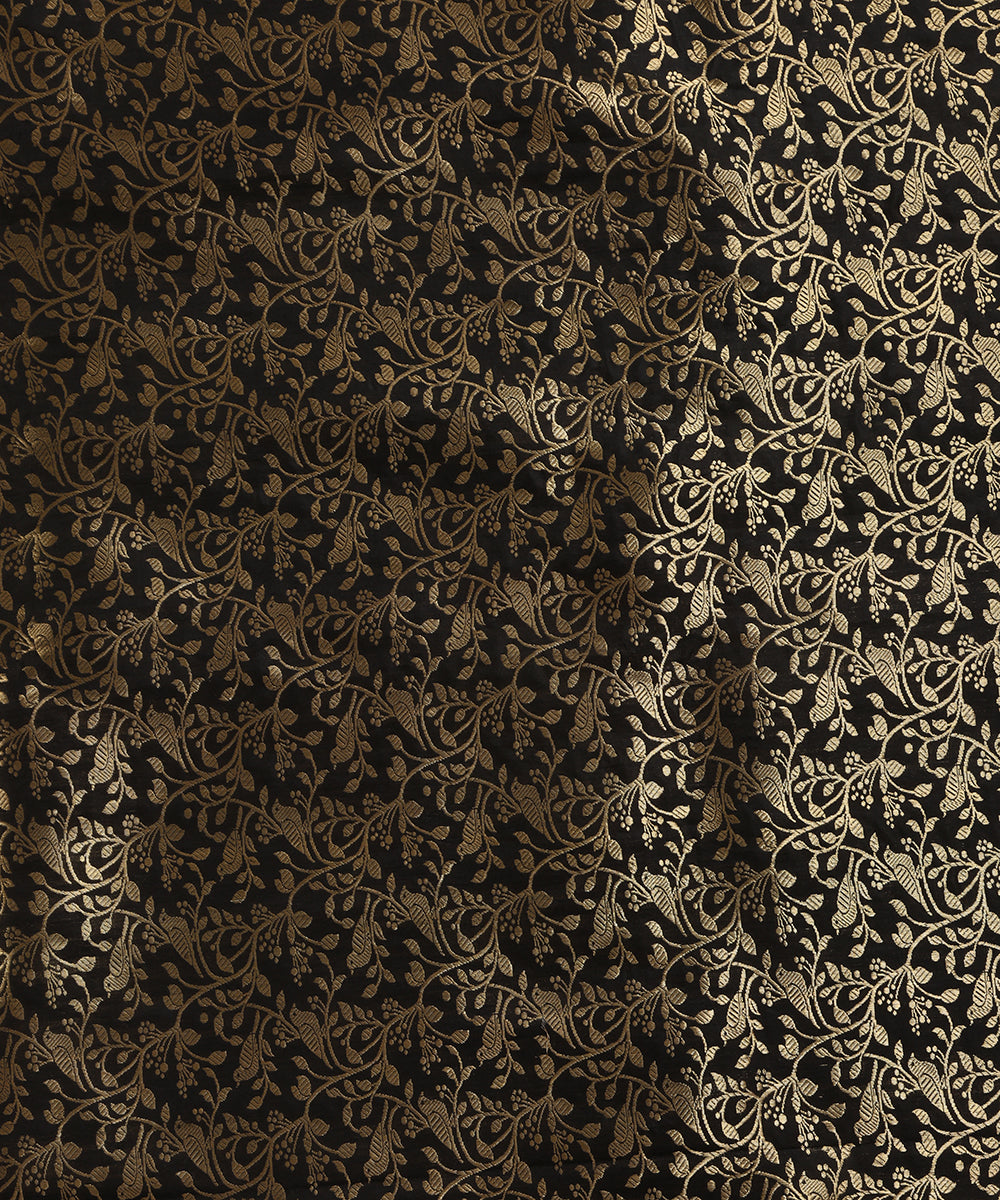 Black Handloom Pure Katan Silk Kimkhab Shikargah Fabric