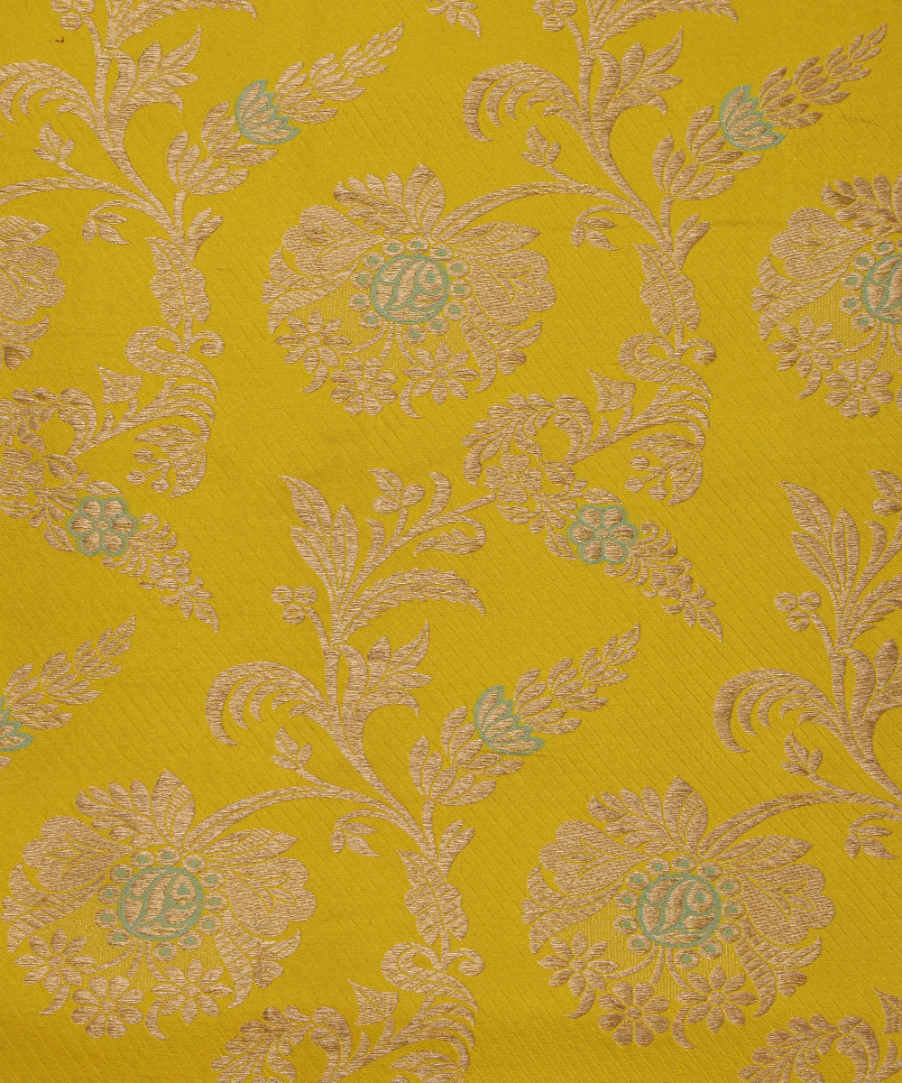 Lemon Yellow Handloom Pure Katan Silk Pink Meenakari Floral Jaal Fabric With Self Weave