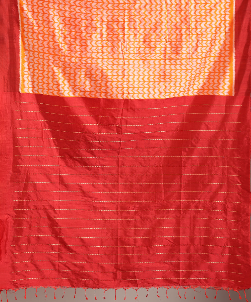Flaming Orange Handloom Silk Ikat Saree With Chevron Motif