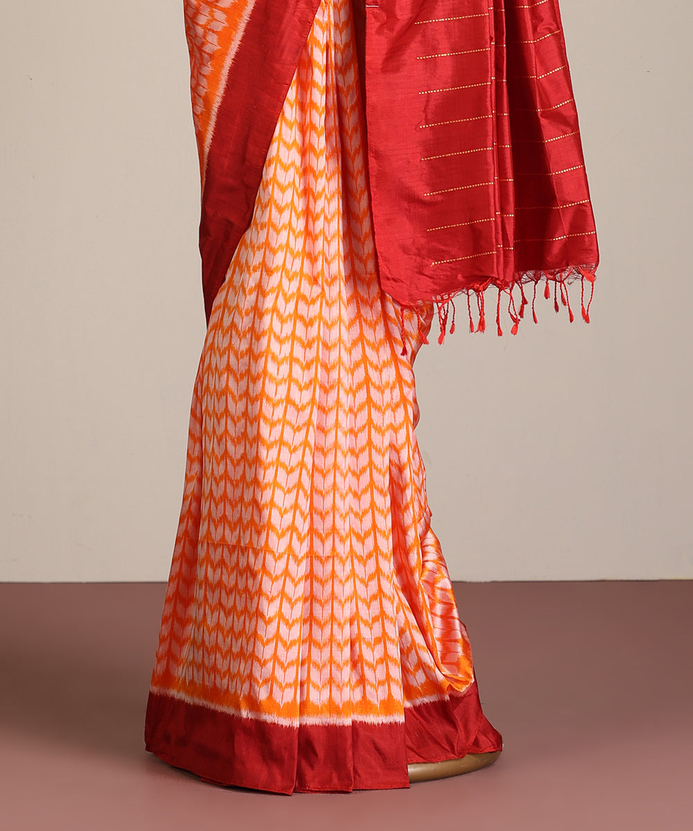 Flaming Orange Handloom Silk Ikat Saree With Chevron Motif