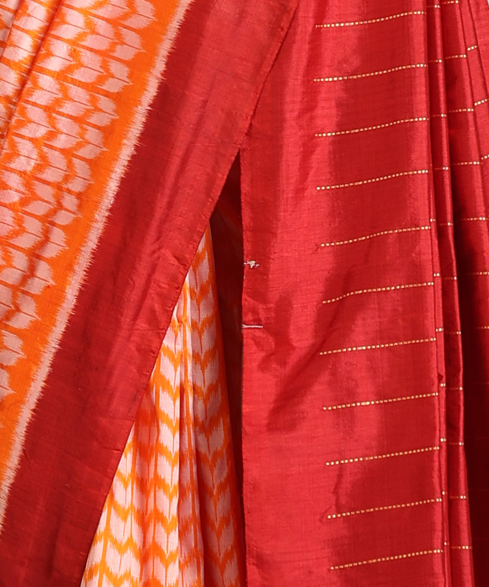 Flaming Orange Handloom Silk Ikat Saree With Chevron Motif