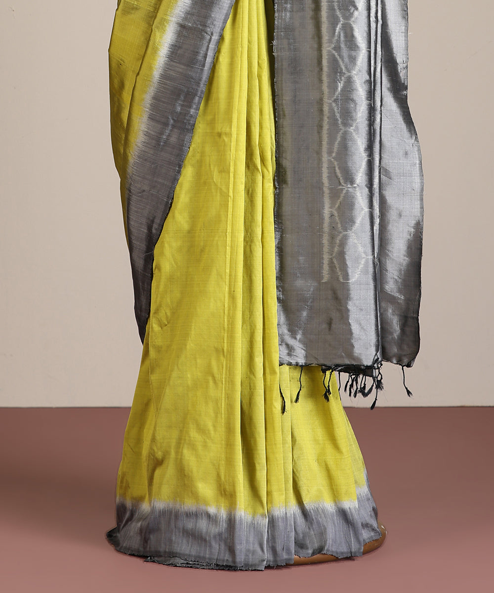 Lime Handloom Silk Ikat Saree With Jaali Motif