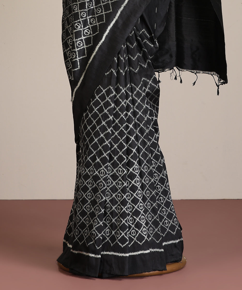 Black Handloom Silk Ikat Saree With Geometrical Motifs