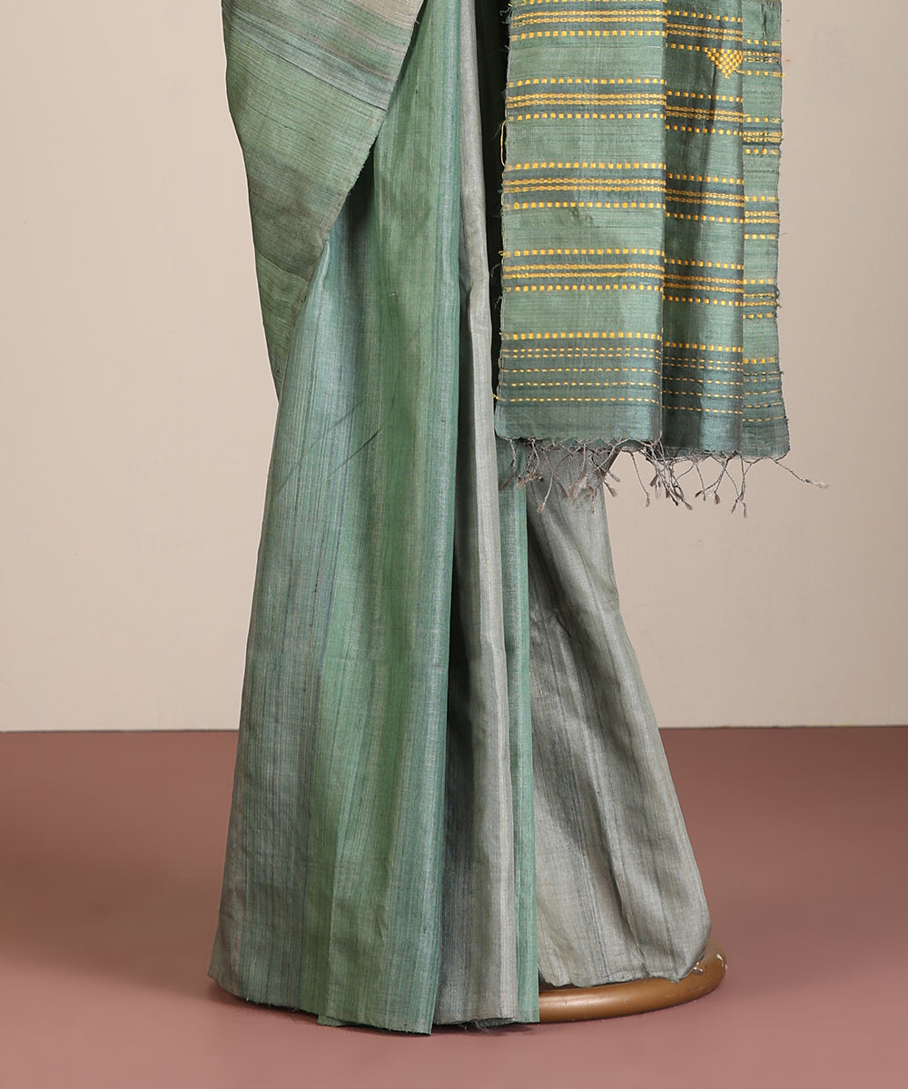 Grey-Green Handloom Tussar Ikat Saree With Gradient Hues