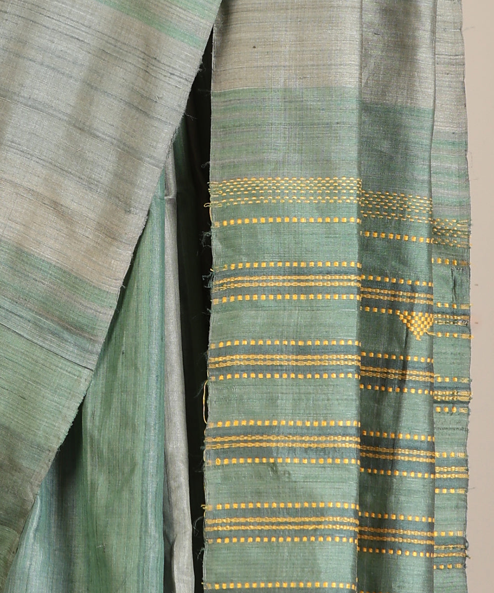 Grey-Green Handloom Tussar Ikat Saree With Gradient Hues