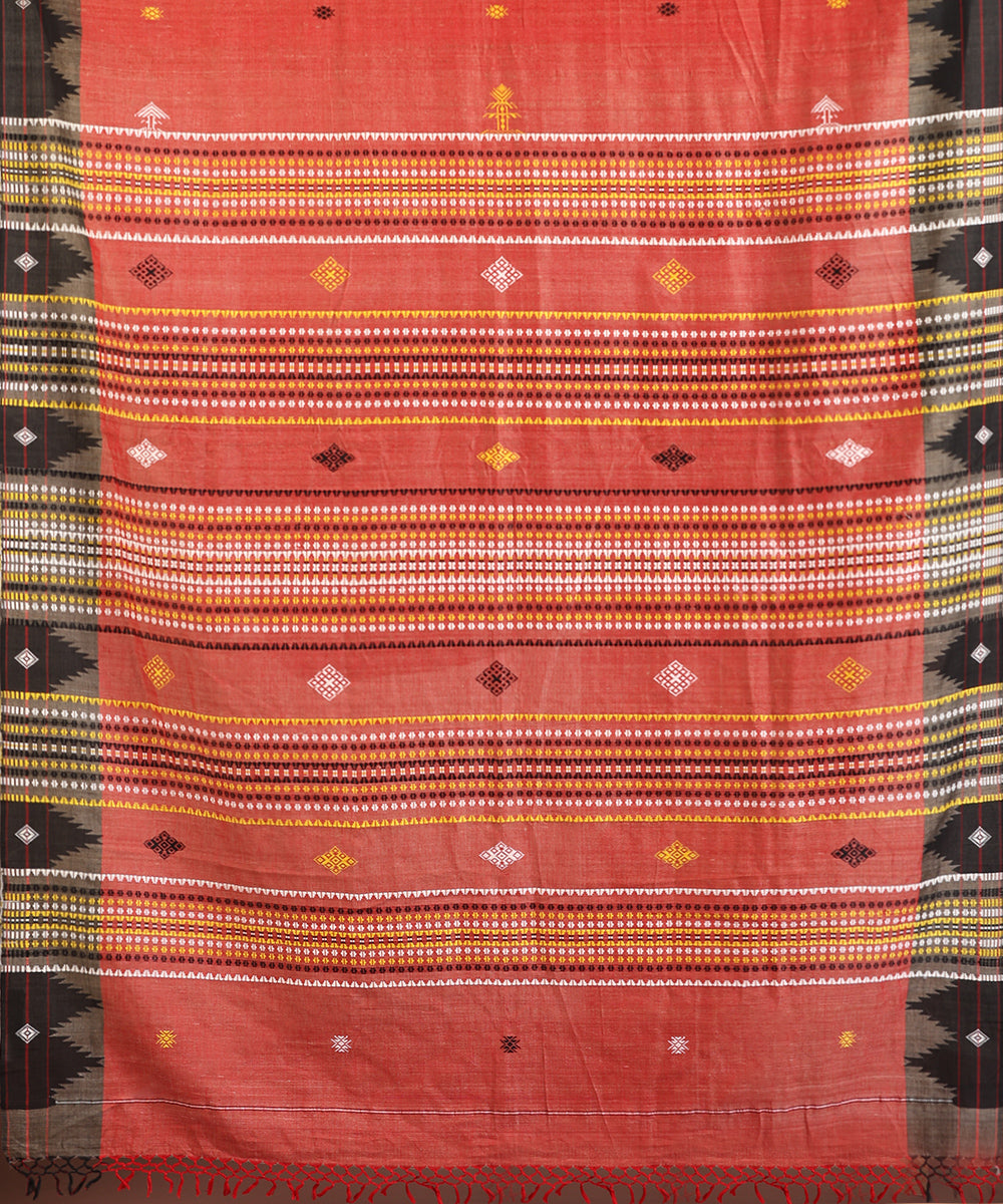 Brick Red Handloom Cotton Tussar Kotpad Ikat Saree With Coloured Motifs Pallu
