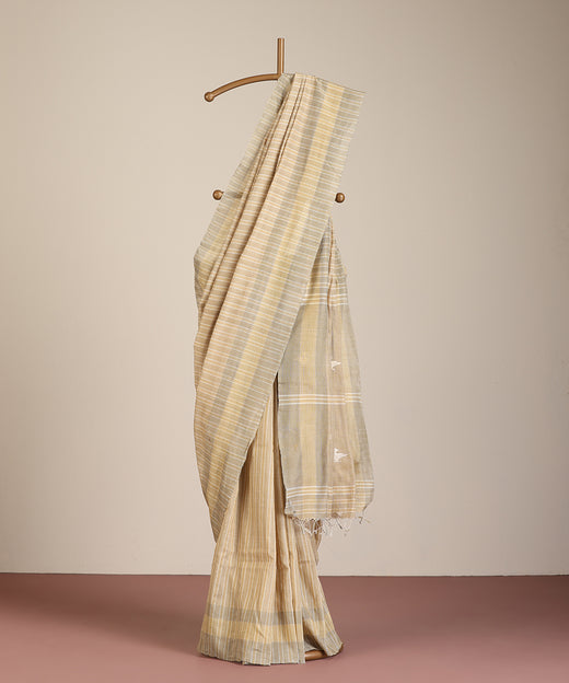 Beige-Grey Handloom Chidiya Motif Tussar Cotton Ikat Saree