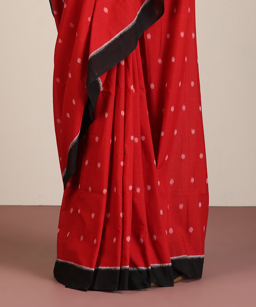 Red Hanndloom Cotton Polka Motif Ikat Saree
