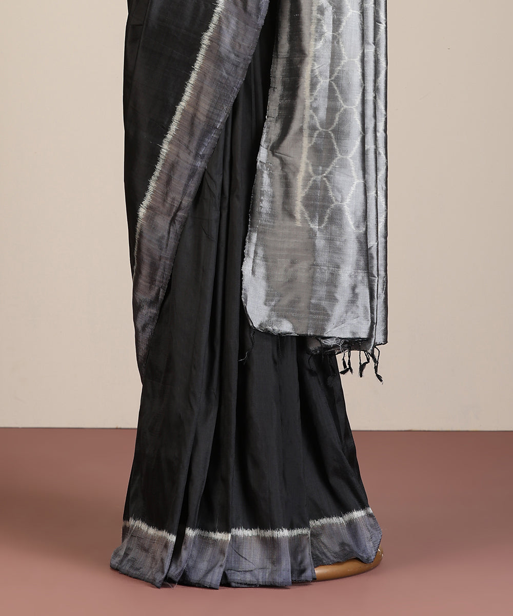 Black Handloom Silk Ikat Saree With Jaali Motif