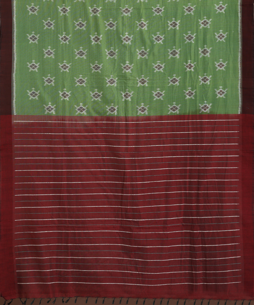 Green Handloom Cotton Tortoise Motif Ikat Saree