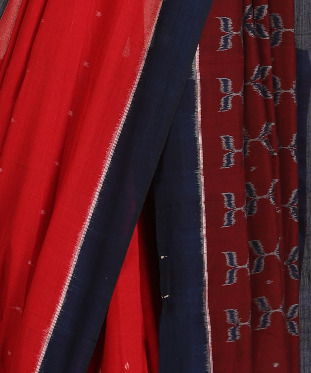 Red-Blue Handloom Patra-Bindoo Motif Cotton Ikat Saree