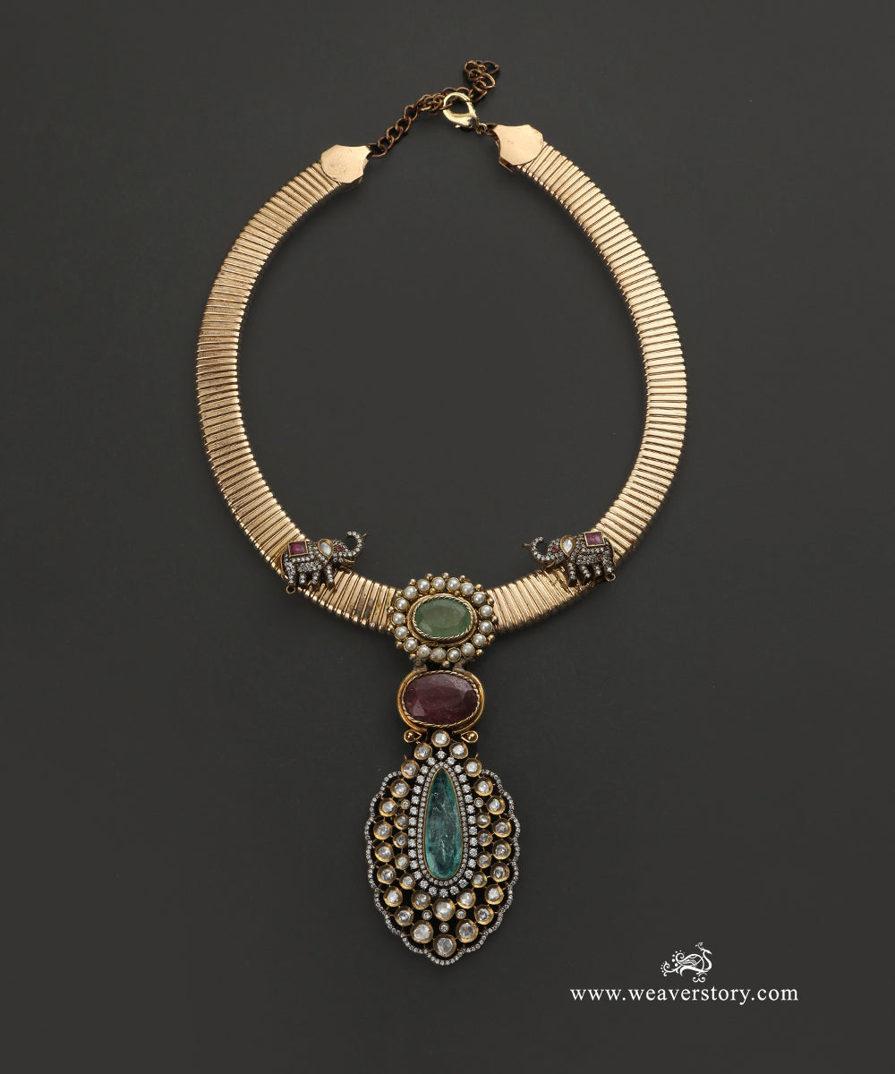 Kritika_Handcrafted_Necklace_With_Green_And_Red_Semi_Precious_Stones_And_Elephant_Motifs_WeaverStory_02