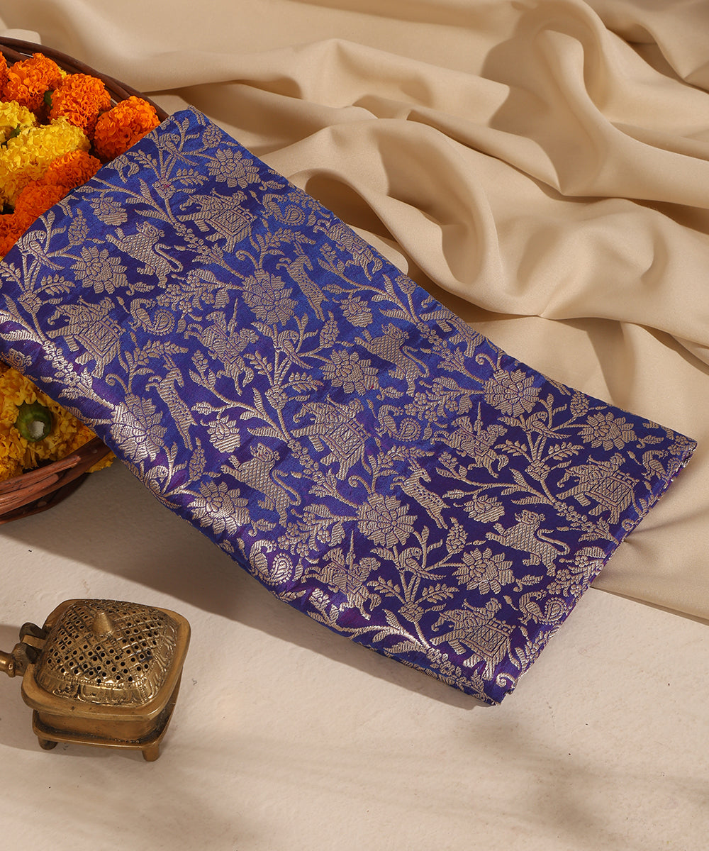 Blue and Purple Dual Tone Handloom Pure Katan Silk Kimkhab Shikargah Banarasi Dupatta