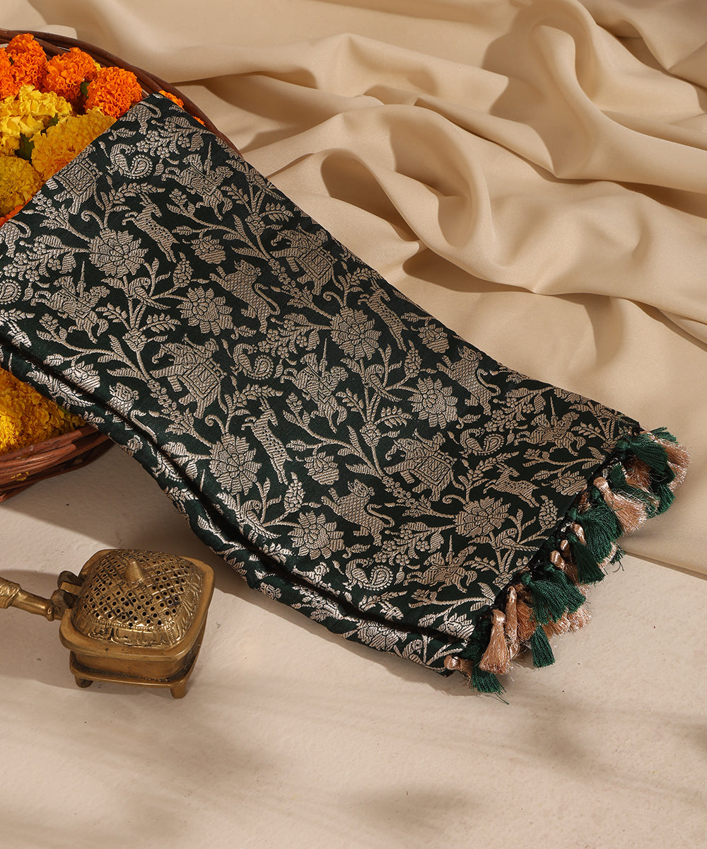 Bottle Green and Black Dual Tone Handloom Pure Katan Silk Kimkhab Shikargah Banarasi Dupatta