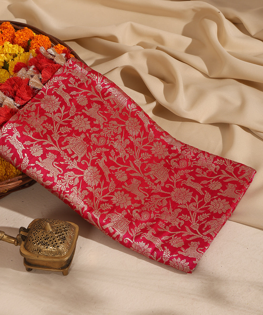 Red Handloom Pure Katan Silk Kimkhab Shikargah Banarasi Dupatta