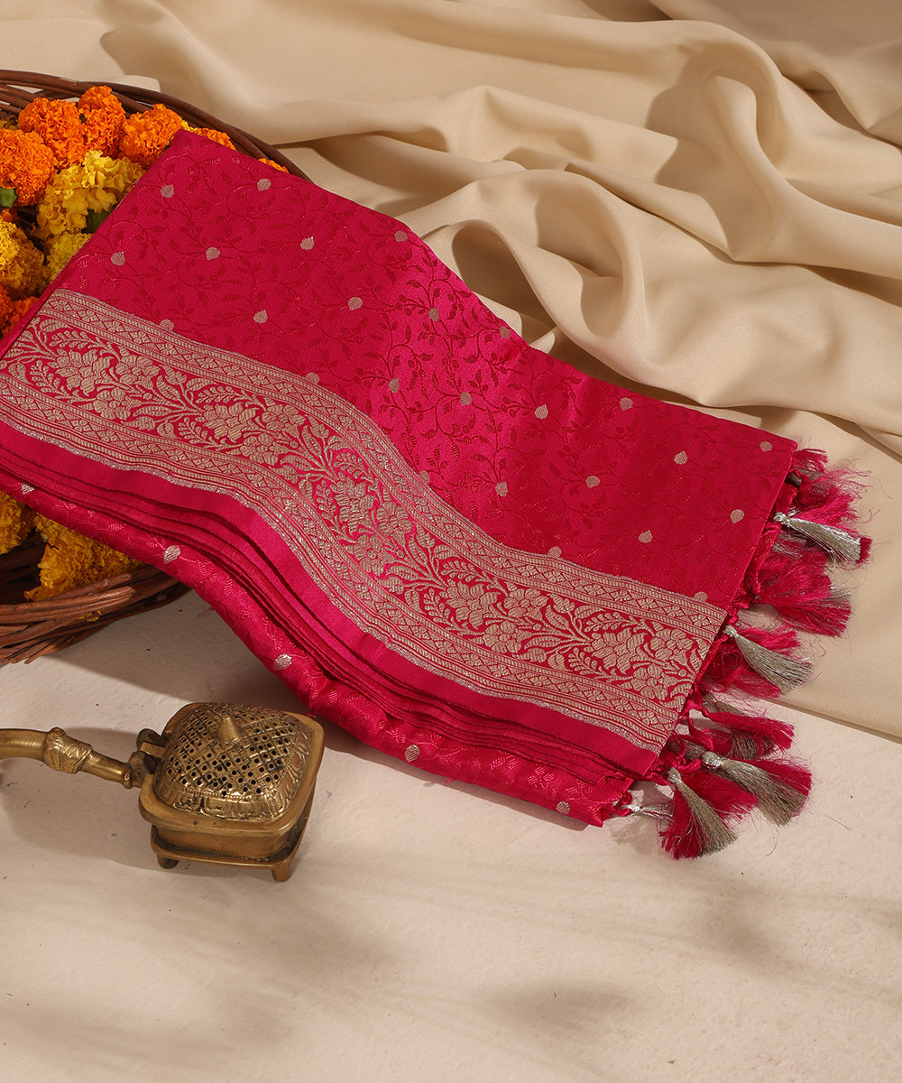 Rani Pink Pure Satin Silk Handloom Tanchoi Banarasi Dupatta with Zari Booti