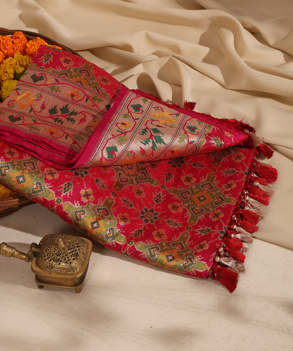Rani Pink Pure Katan Silk Handloom Banarasi Patola Dupatta with Meenakari