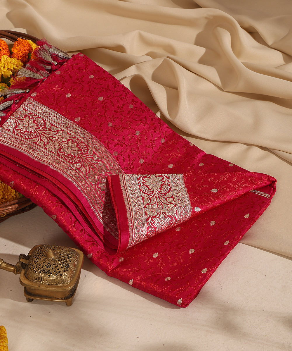 Red Pure Satin Silk Handloom Tanchoi Banarasi Dupatta with Zari Booti