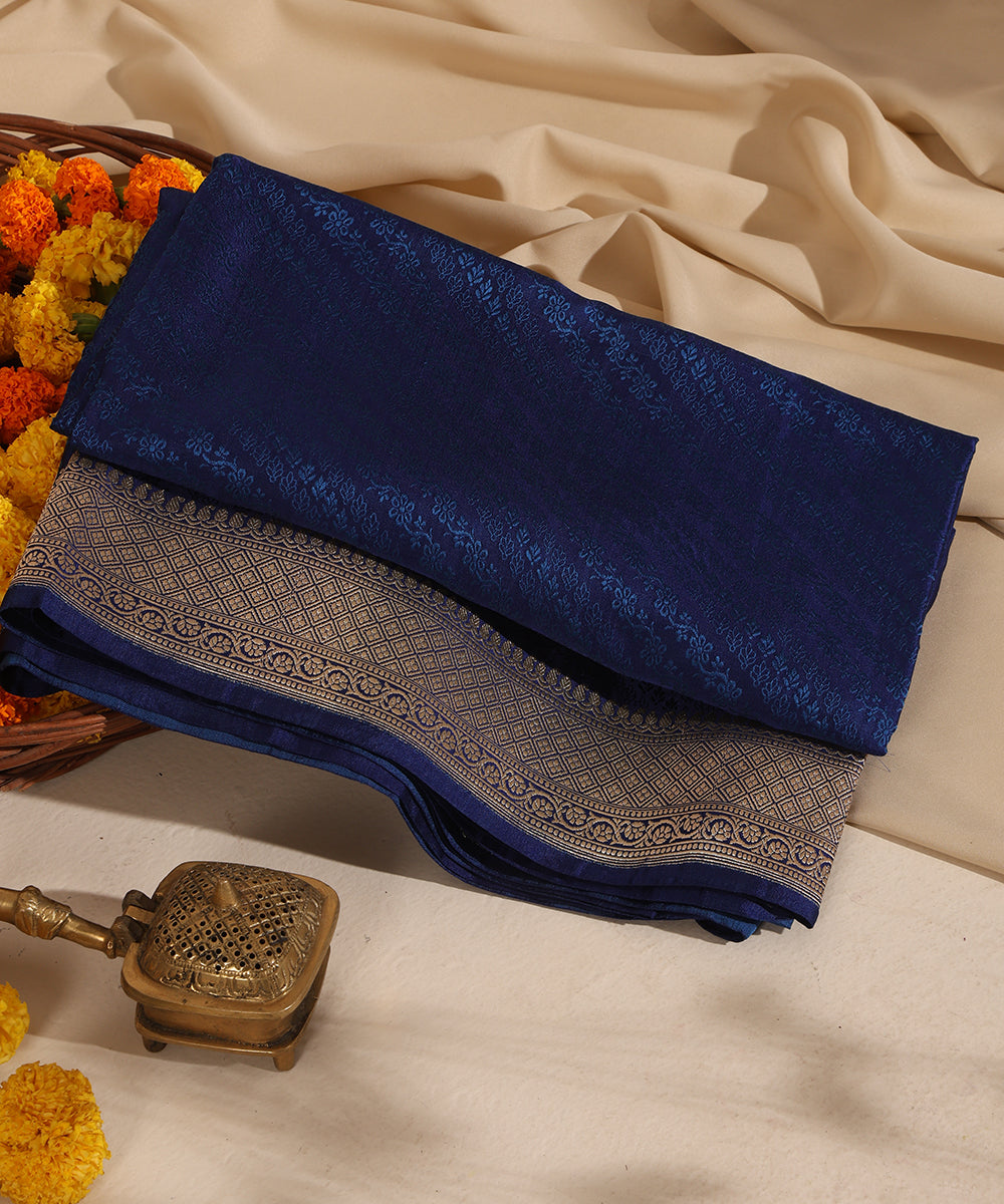 Blue Pure Satin Silk Handloom Tanchoi Banarasi Dupatta with Zari Border