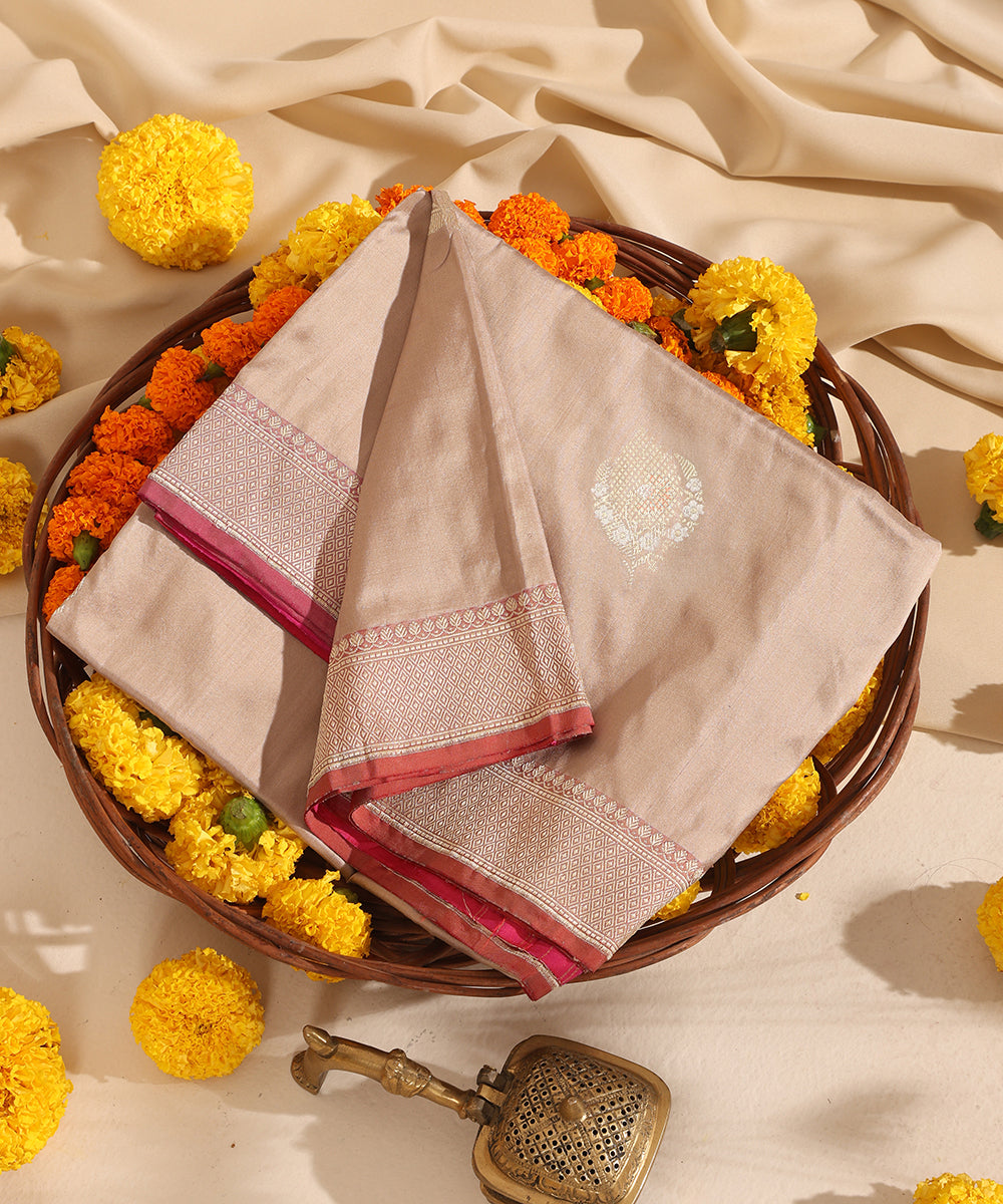 Almond Color Handloom Pure Katan Silk Banarasi Dupatta With Kadhwa Boota With Pink Border