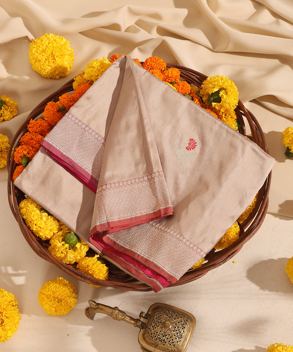 Almond Handloom Pure Katan Silk Banarasi Dupatta With Kadhwa Meenakari Boota and Pink Border