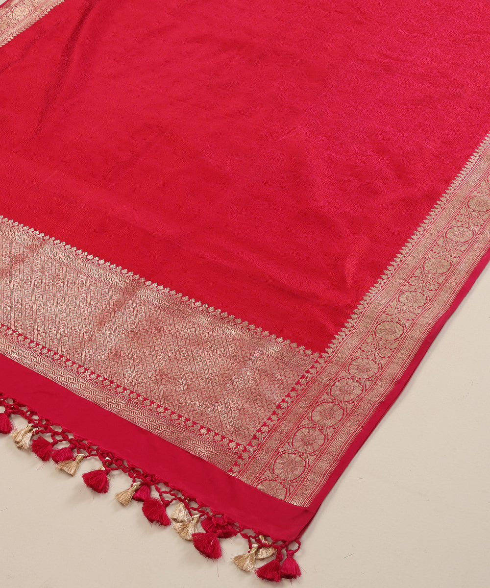 Red Pure Satin Silk Handloom Tanchoi Banarasi Dupatta with Zari Border