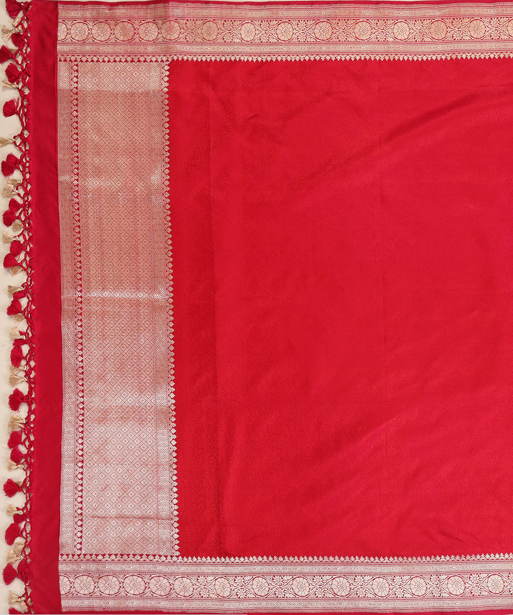 Red Pure Satin Silk Handloom Tanchoi Banarasi Dupatta with Zari Border